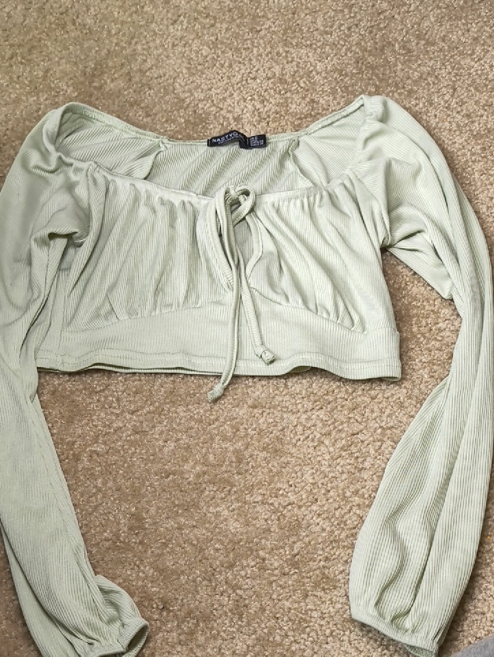 Nasty Gal Light Sage Ribbed Off-Shoulder Tie-Front Crop Top Size 2 P23